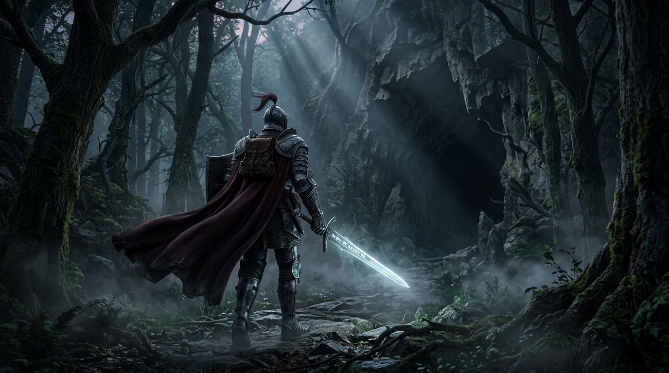 A knight approaching a cave entrance in the forest
