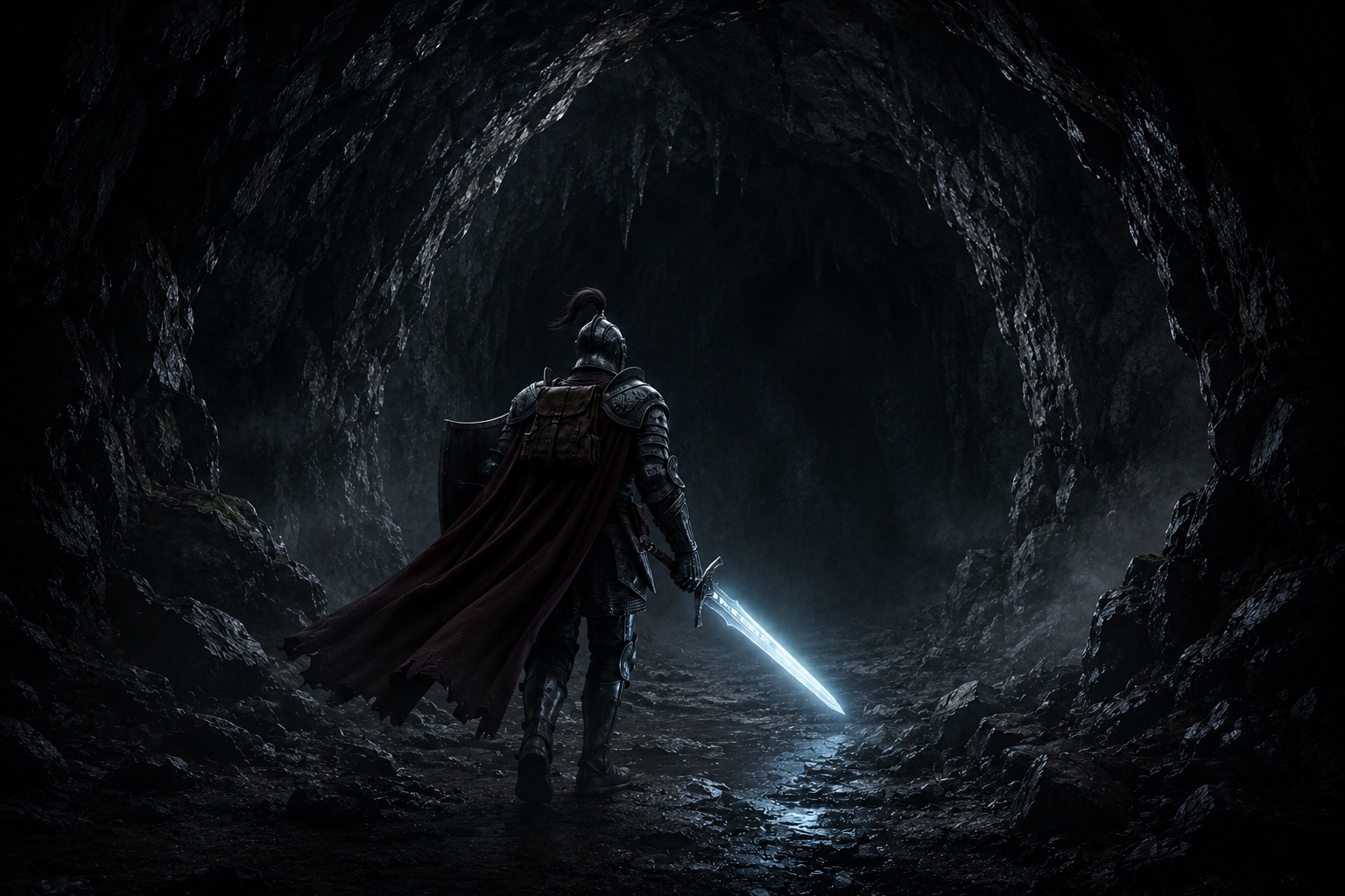 A knight walking through a dark cave