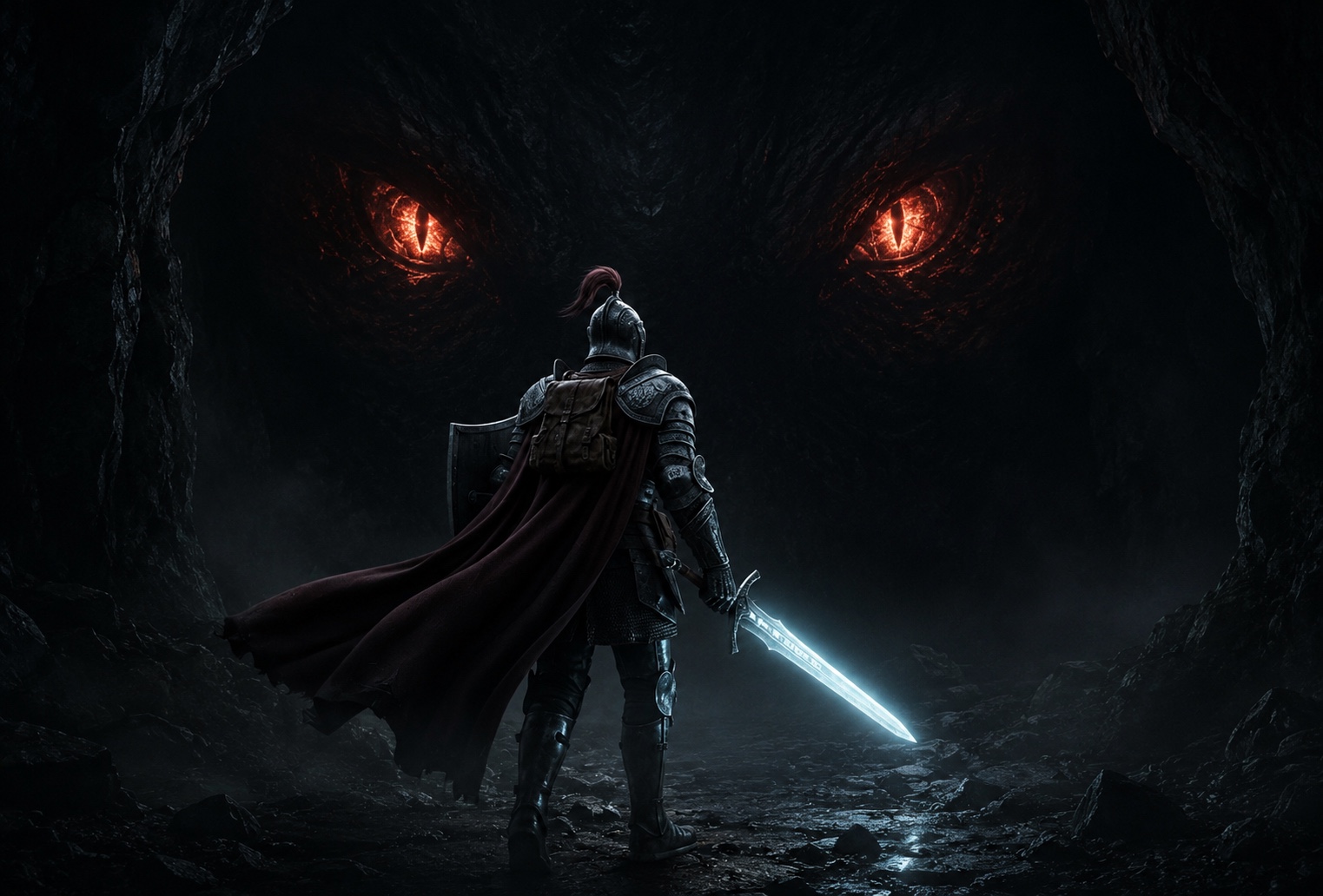 A knight confronting the eyes of a colossal creature inside the cave